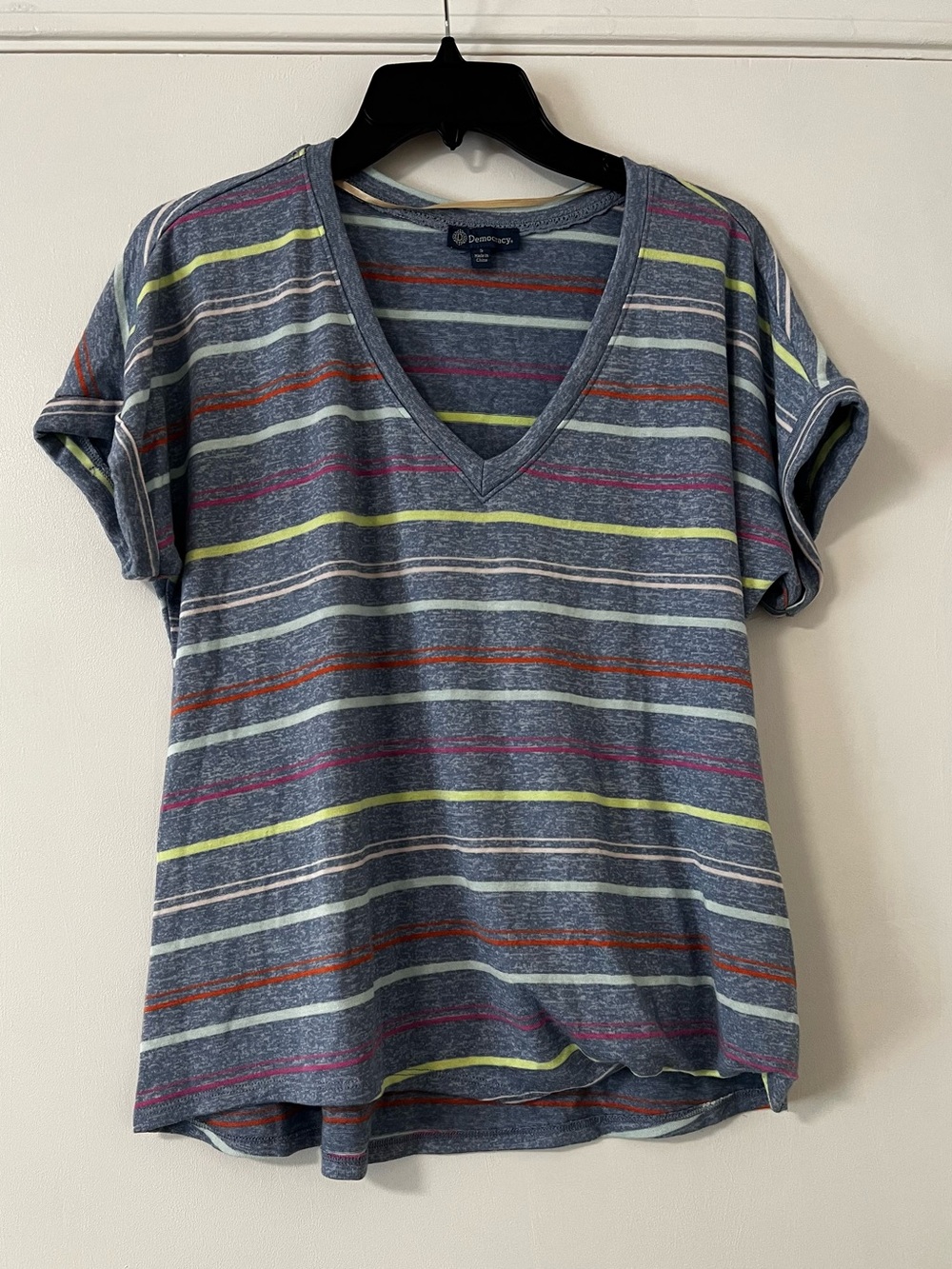 Democracy V-Neck Short Sleeve Tee in Heather Blue with Multicolor Stripes